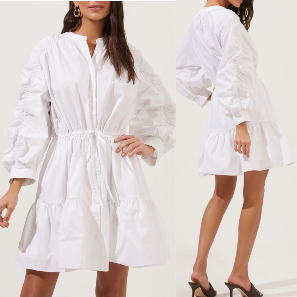 ASTR The Label Ruched White Shirtdress Ruffled Women's Dress‎ Size M Cotton